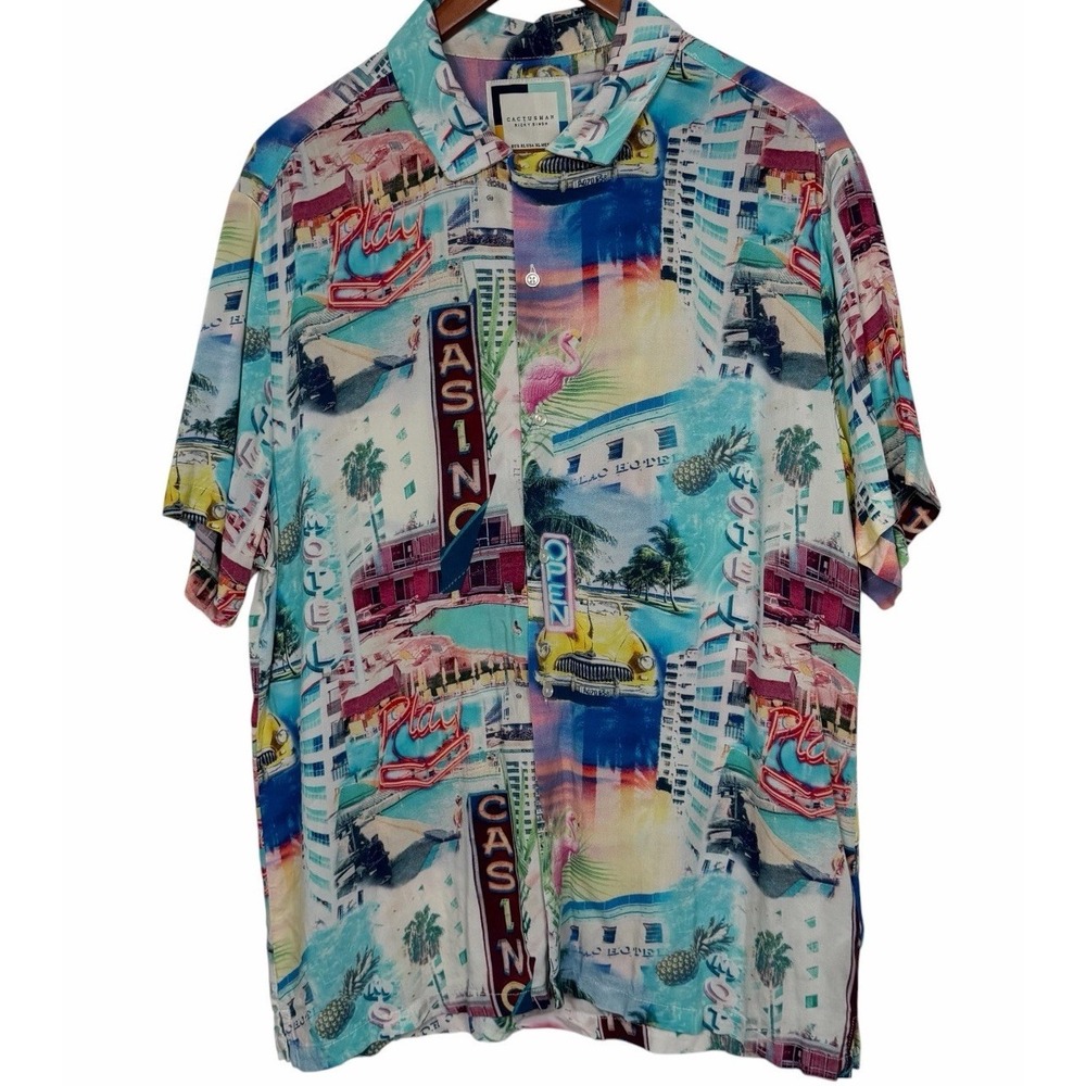 Cactus Man Ricky Singh XL Miami Beach Print Camp Shirt Viscose Tropical Casual